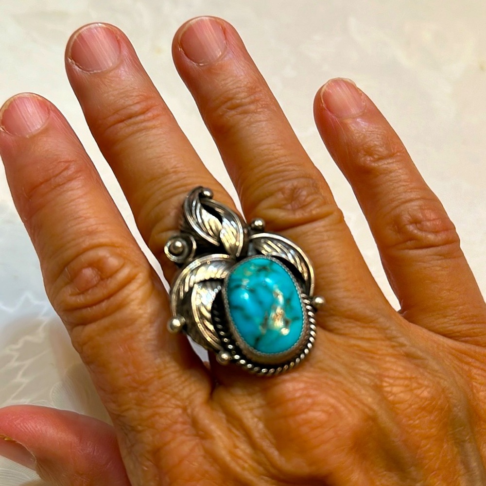 Vintage Navajo RB Stamped 925 Silver Turquoise size 7 feathers bead rope Bezel🔥